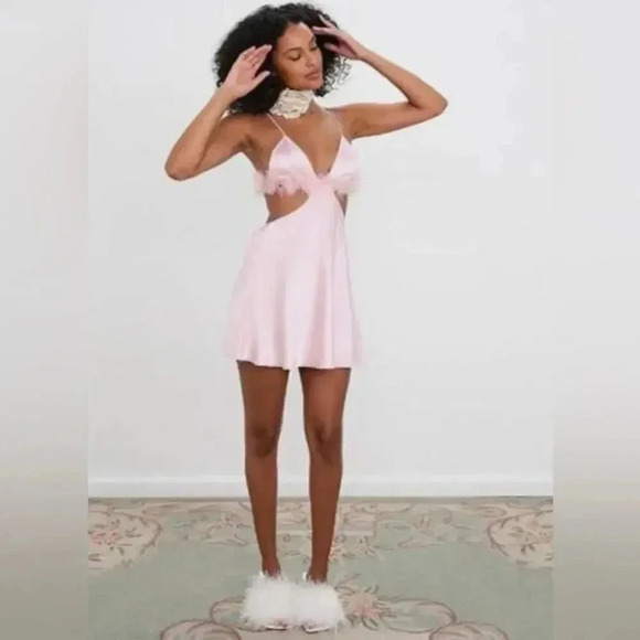 NEW- NWT For Love & Lemons Pink Satin Slip Mini Dress Sz S - Picture 1 of 8